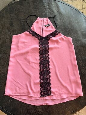 Y2K Express Pink Halter Top with Black Lace Detail